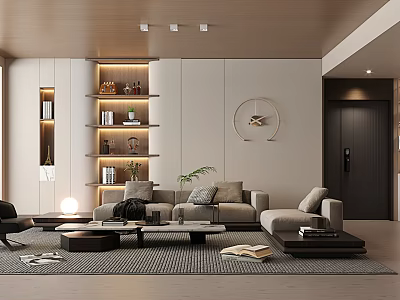 Modern Living Room Interior Design With Beige Sofa Wooden Bookshelves And Circular Decorative Art 3d model