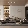 Modern Living Room Interior Design With Beige Sofa Wooden Bookshelves And Circular Decorative Art