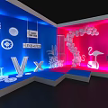 Vibrant Exhibition Display With Blue Pink Backgrounds Gears Balloons Flamingos Cacti And VI VX Letters