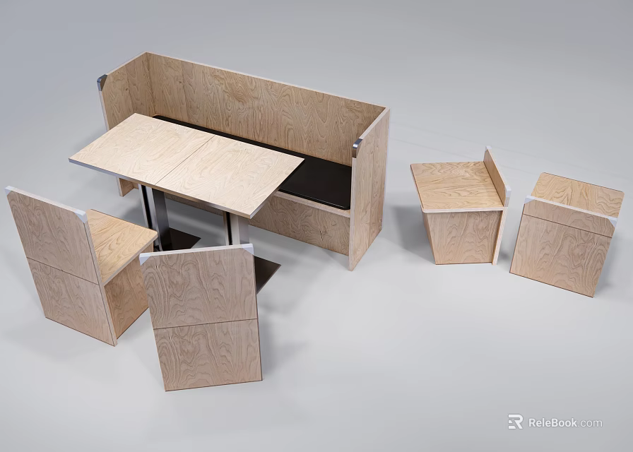 Wooden Public Chair Design With Table And Stools For Public Spaces 3d model 