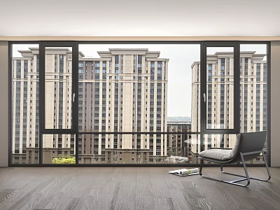 Floor to Ceiling Window with Urban High Rise View and Gray Chair in Wooden Floor Room 3d model