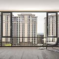 Floor to Ceiling Window with Urban High Rise View and Gray Chair in Wooden Floor Room