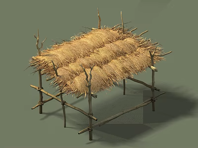 Simple Rustic Shelter With Thatch Roof And Wooden Branches Frame 3d model
