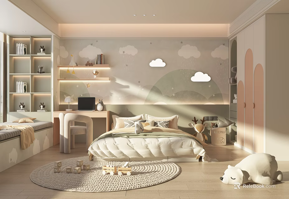 Kids Room Interior Design With Cloud Wall Decor Bed Bookshelf Toys And Stuffed Bear 3d model 