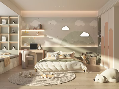 Kids Room Interior Design With Cloud Wall Decor Bed Bookshelf Toys And Stuffed Bear 3d model