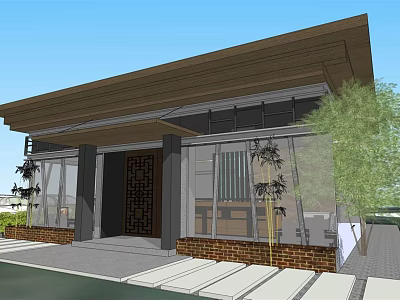 Traditional Chinese Architecture Exterior With Wooden Roof Glass Curtain Walls Bamboo Plants And Stone Slabs 3d model