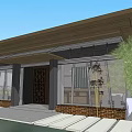 Traditional Chinese Architecture Exterior With Wooden Roof Glass Curtain Walls Bamboo Plants And Stone Slabs