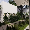 Garden Decorations For Outdoor Patio With Wooden Chairs Trees Water Feature And Stone Flooring