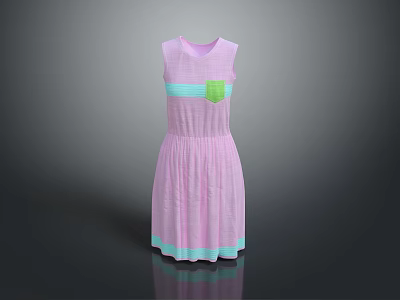 Sleeveless Pink Striped Dress With Light Blue Waistband Green Pocket And Light Blue Hem 3d model