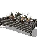 Elegant Dinnerware Set with Black White Plaid Tablecloth Candles Floral Arrangement Wine Glasses