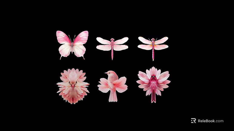 Vibrant Pink Butterflies Dragonflies And Delicate Flowers On Black Background Design 3d model 