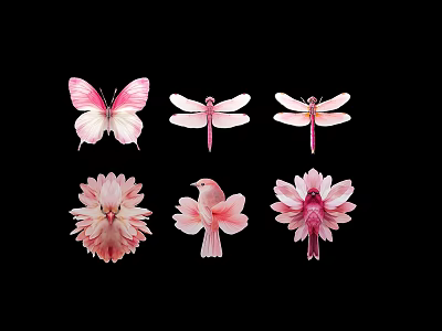 Vibrant Pink Butterflies Dragonflies And Delicate Flowers On Black Background Design 3d model