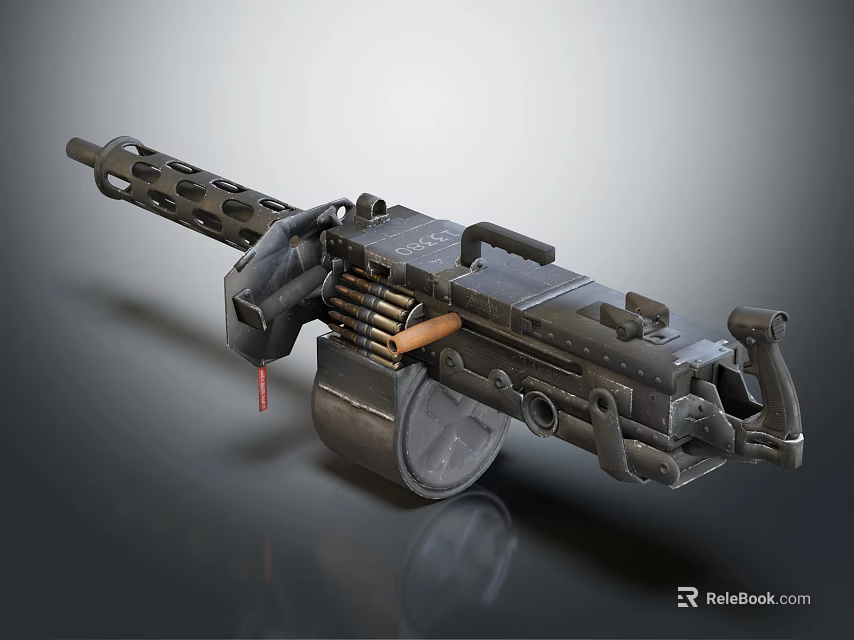 Tactical Heavy Machine Gun With Ammunition Belt Metal Barrel And Bipod Design 3d model 