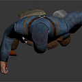 Game Movie Character in Blue Uniform with Red Long Staff and Brown Gear