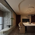 Modern Elegant Conference Room Interior With Marble Wall Long Table Pendant Lights And Brown Chairs