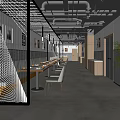 Modern Industrial Restaurant Interior With Metal Grid Partition Long Dining Tables And Framed Artworks