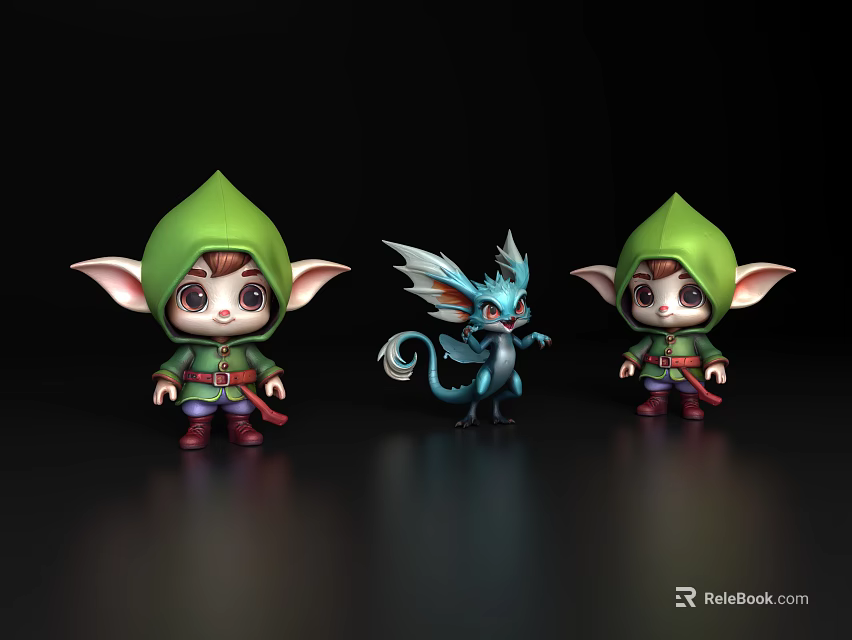 Game Movie Characters Two Elves With Green Hoods And Blue Dragon Figure 3d model 
