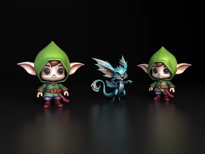 Game Movie Characters Two Elves With Green Hoods And Blue Dragon Figure 3d model