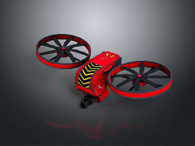 Red Drone With Dual Large Propellers And Yellow Black Warning Stripes Design 3d model