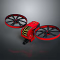 Red Drone With Dual Large Propellers And Yellow Black Warning Stripes Design