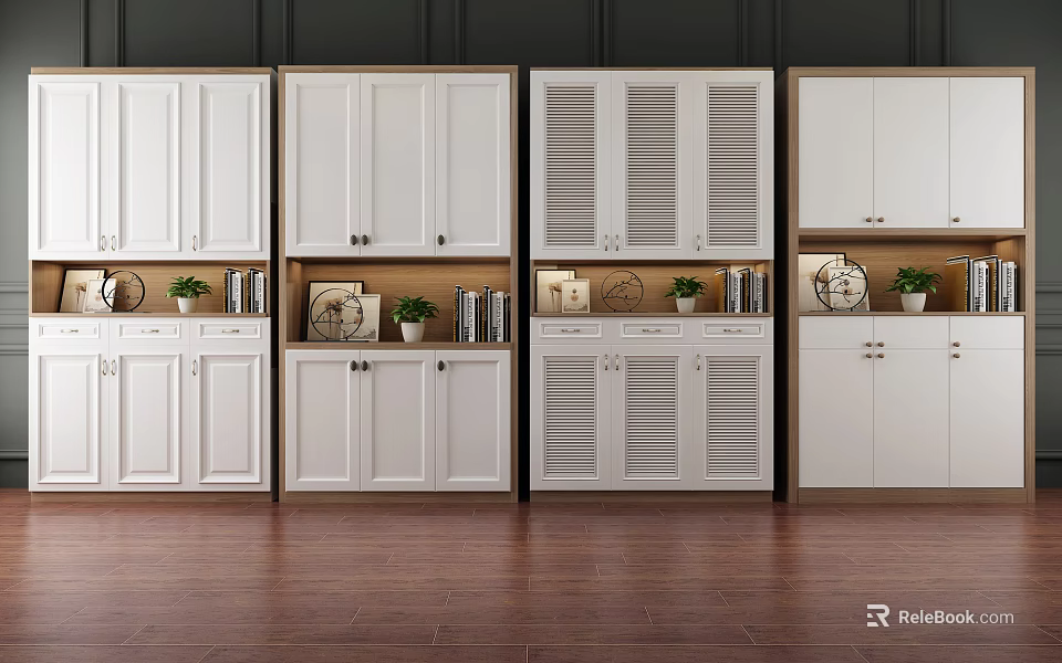 White Shoe Cabinets Featuring Different Door Styles With Decorative Plants And Frames 3d model