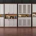 White Shoe Cabinets Featuring Different Door Styles With Decorative Plants And Frames 3d model