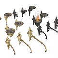 Vintage Metal Wall Sconces With Decorative Gold And Black Designs And Flame Accents