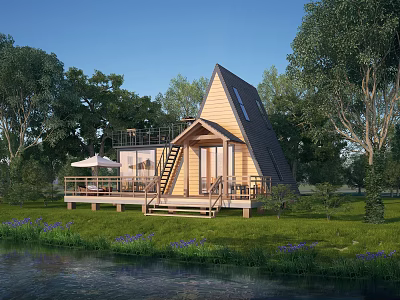Scenic Wooden Cabin By The Lake With Gabled Roof Balcony And Green Surroundings 3d model