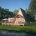 Scenic Wooden Cabin By The Lake With Gabled Roof Balcony And Green Surroundings