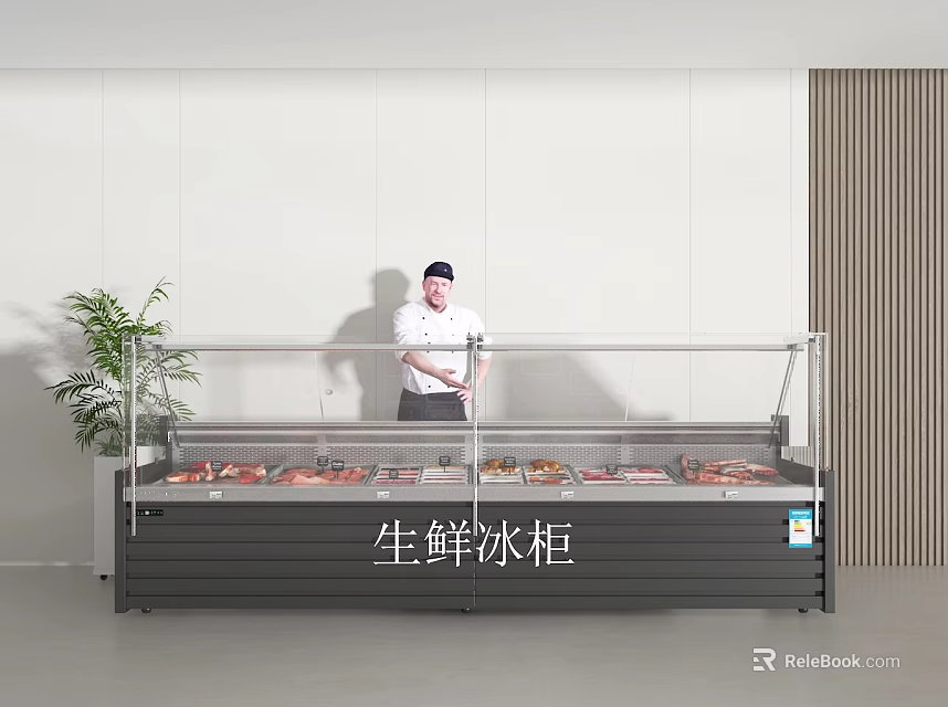 Commercial Fresh Food Display Freezer With Fresh Meat And Staff In Indoor Store 3d model 