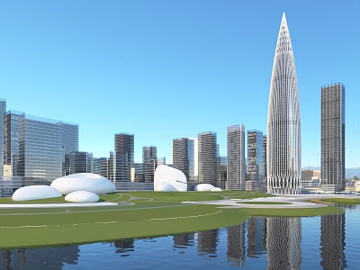 Modern Office Building with Unique Tower Design Surrounded by Skyscrapers Green Lawn and Water Reflection 3d model