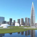 Modern Office Building with Unique Tower Design Surrounded by Skyscrapers Green Lawn and Water Reflection