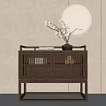 Minimalist Modern Wooden Entryway Cabinet With Slatted Doors Vase Flowers And Round Mirror