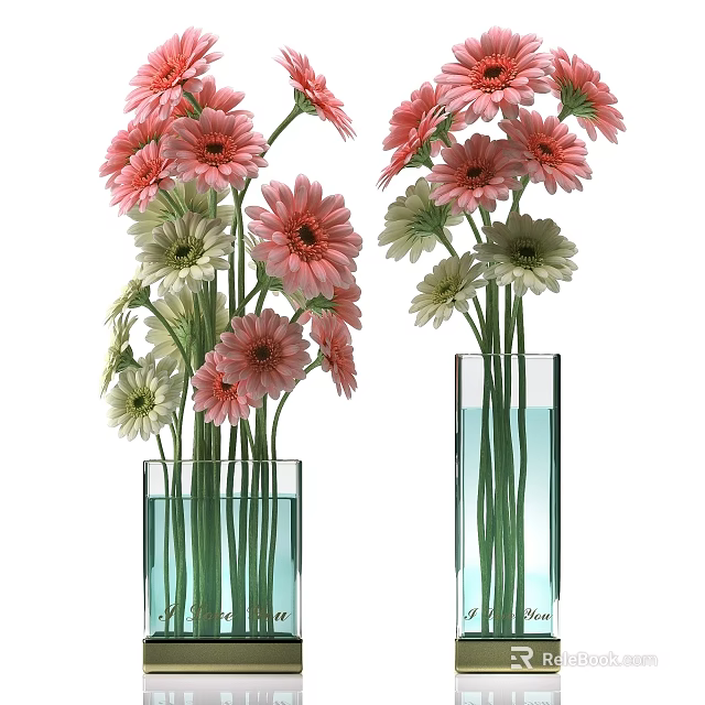 Fresh Pink And White Flowers In Transparent Glass Vases With Blue Water 3d model 