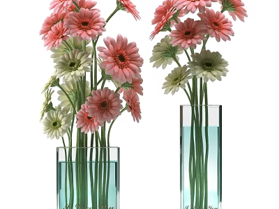 Fresh Pink And White Flowers In Transparent Glass Vases With Blue Water 3d model