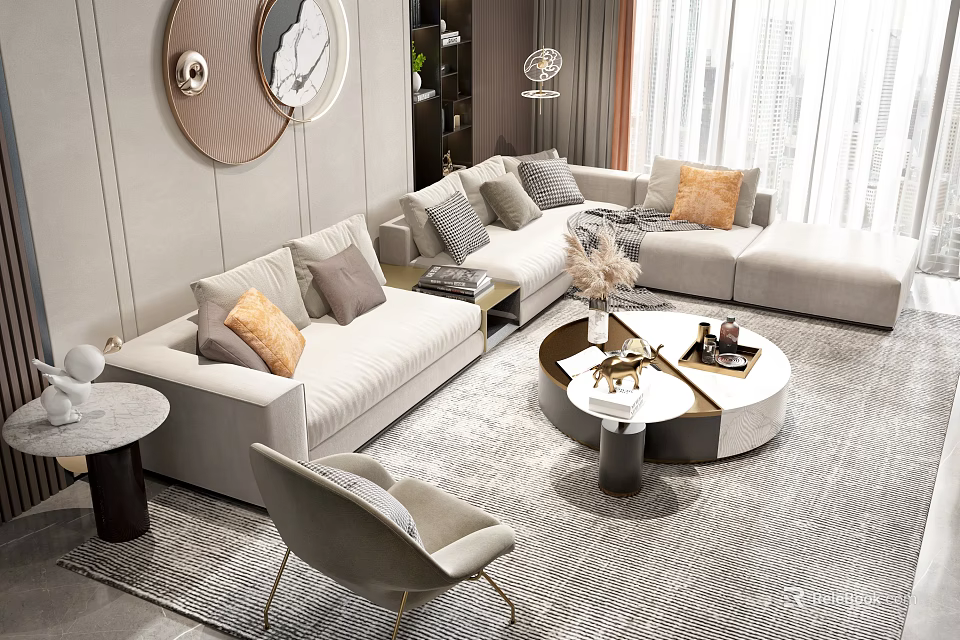 Modern Living Room Sofa And Coffee Table Set With Pillows Round Table And Area Rug 3d model 