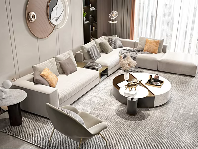 Modern Living Room Sofa And Coffee Table Set With Pillows Round Table And Area Rug 3d model