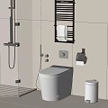 Modern Bathroom Toilet With Light Tile Walls Toilet Paper Holder Towel Rack And Trash Bin