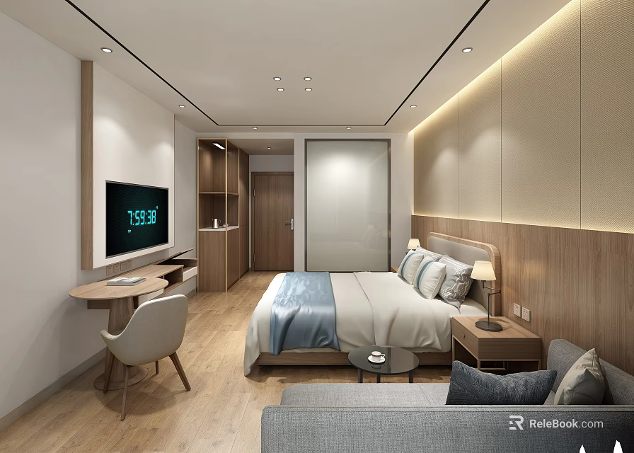 Modern Hotel Guest Room Interior With Bed Sofa TV Desk And Wooden Elements 3d model 