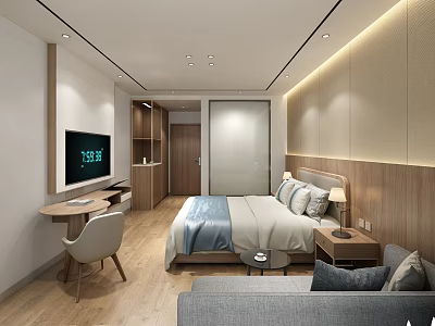 Modern Hotel Guest Room Interior With Bed Sofa TV Desk And Wooden Elements 3d model