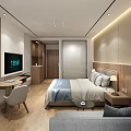Modern Hotel Guest Room Interior With Bed Sofa TV Desk And Wooden Elements