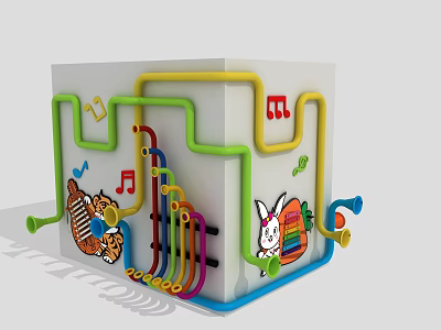 Cube Shaped Play Equipment With Colorful Tubes Cartoon Animals Music Notes And Horns 3d model
