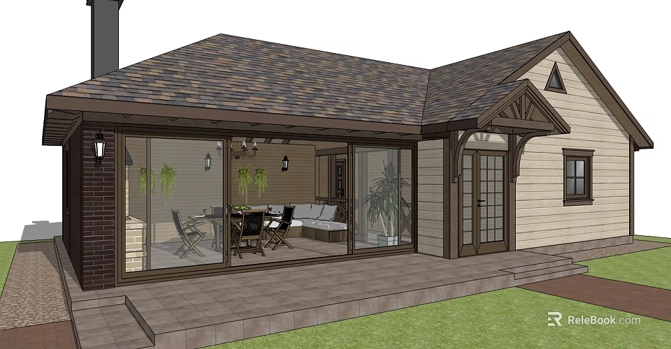 Modern Residential House Featuring Sloped Shingle Roof Transparent Glass Walls and Patio with Indoor Furniture 3d model 