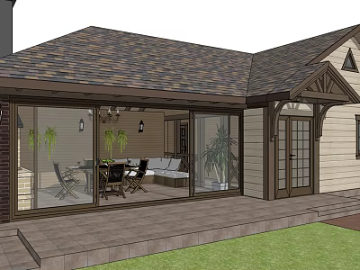 Modern Residential House Featuring Sloped Shingle Roof Transparent Glass Walls and Patio with Indoor Furniture 3d model
