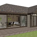 Modern Residential House Featuring Sloped Shingle Roof Transparent Glass Walls and Patio with Indoor Furniture