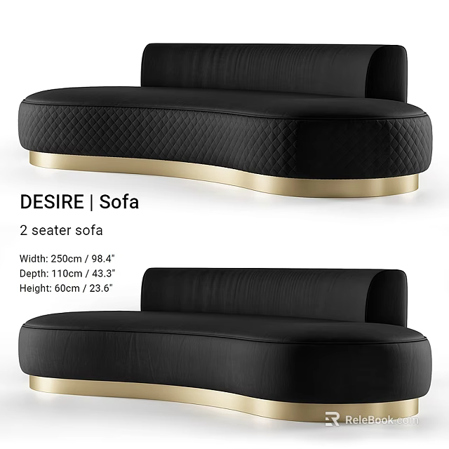 Modern Leisure 2 Seater Sofa Set With Black Upholstery And Gold Base 3d model 