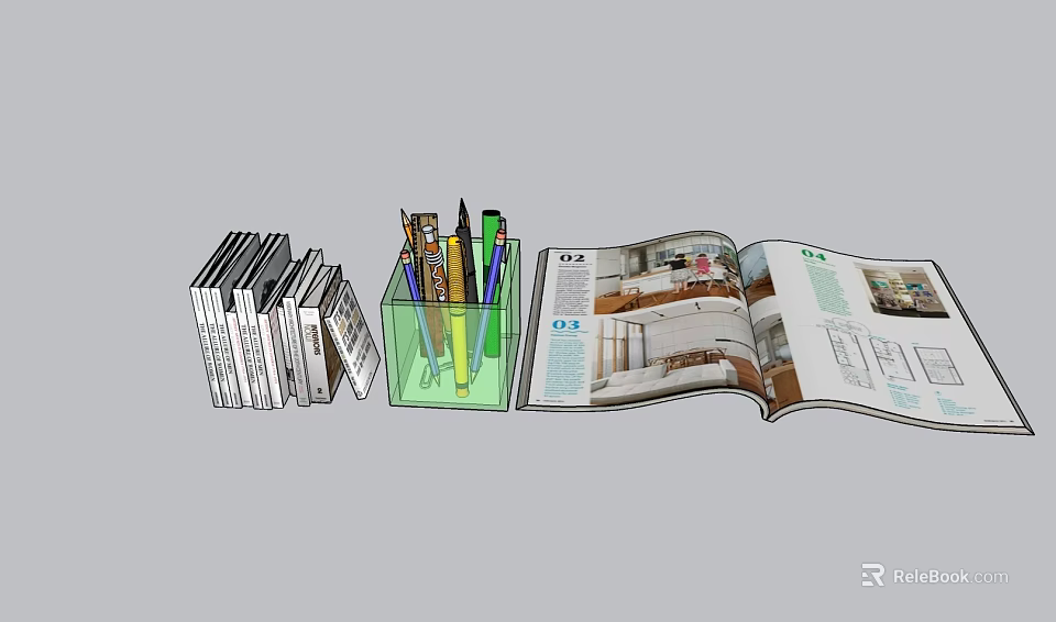 Stack of Books Green Pen Holder with Pens and Open Magazine Showing Interior Design 3d model 