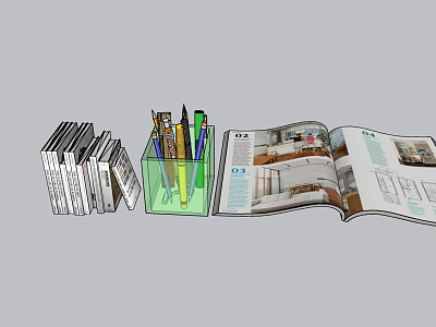 Stack of Books Green Pen Holder with Pens and Open Magazine Showing Interior Design 3d model
