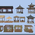 Various Traditional and Modern Garden Pavilions with Thatch Wooden Roofs and Decorative Plants