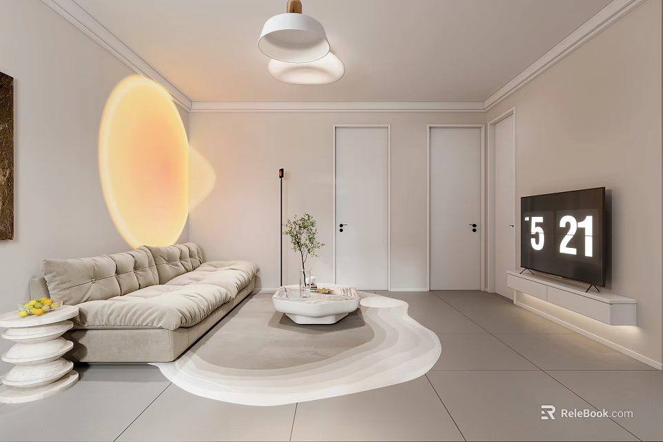 Minimalist Modern Living Dining Room Interior With Beige Sofa Round Coffee Table And Circular Lamp 3d model 